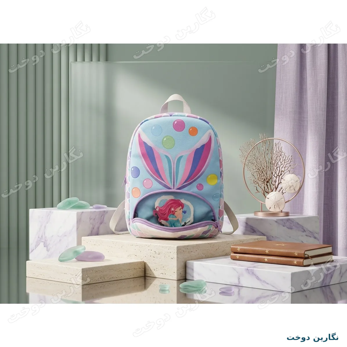 کیف کوله پشتی مخمل مدل پری دریایی همراه با جامدادی | مناسب مهدکودک و پیش‌دبستانی